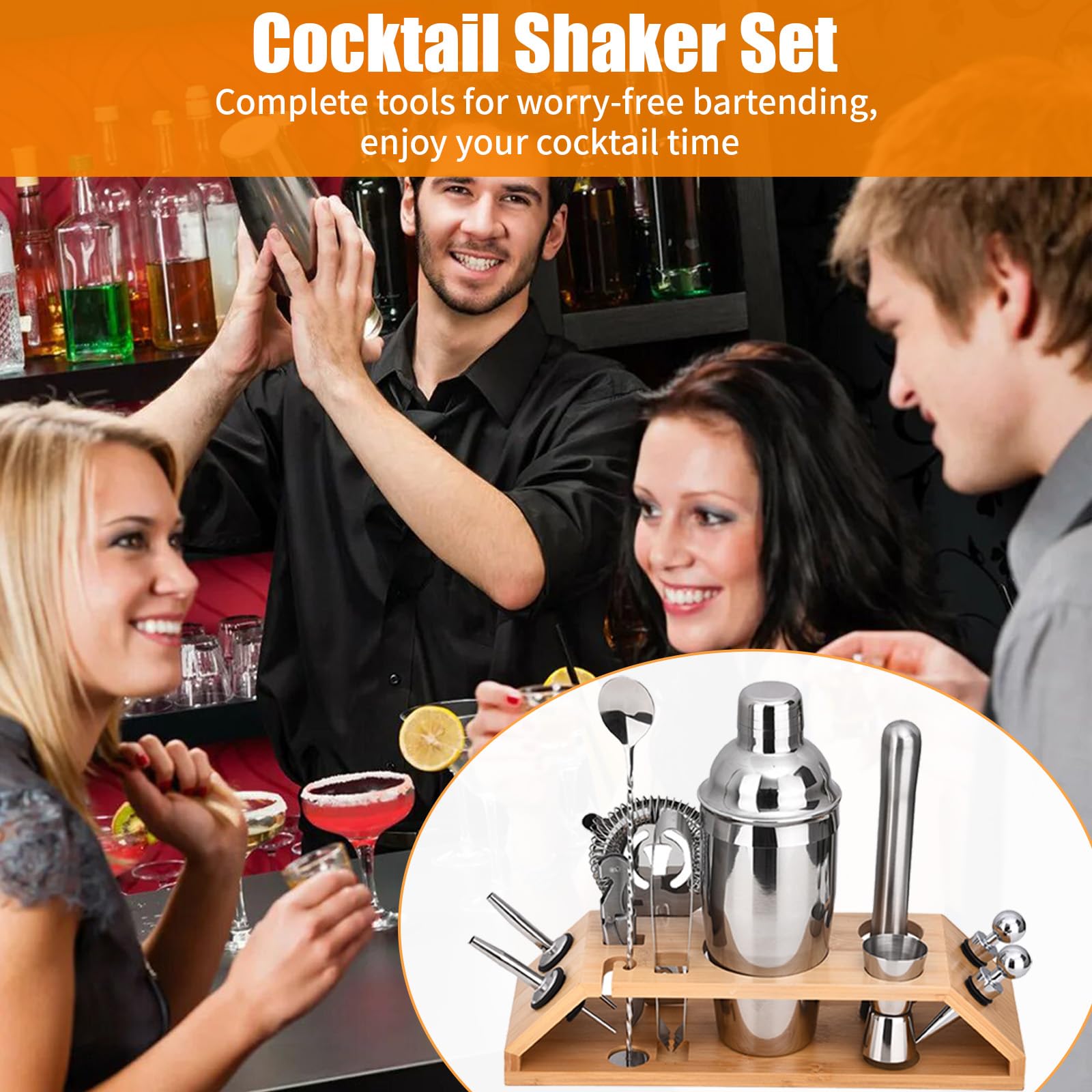 Set Cocktail 12 Pezzi In Acciaio Inox - Shaker 750ml, Supporto Legno - Foto 2