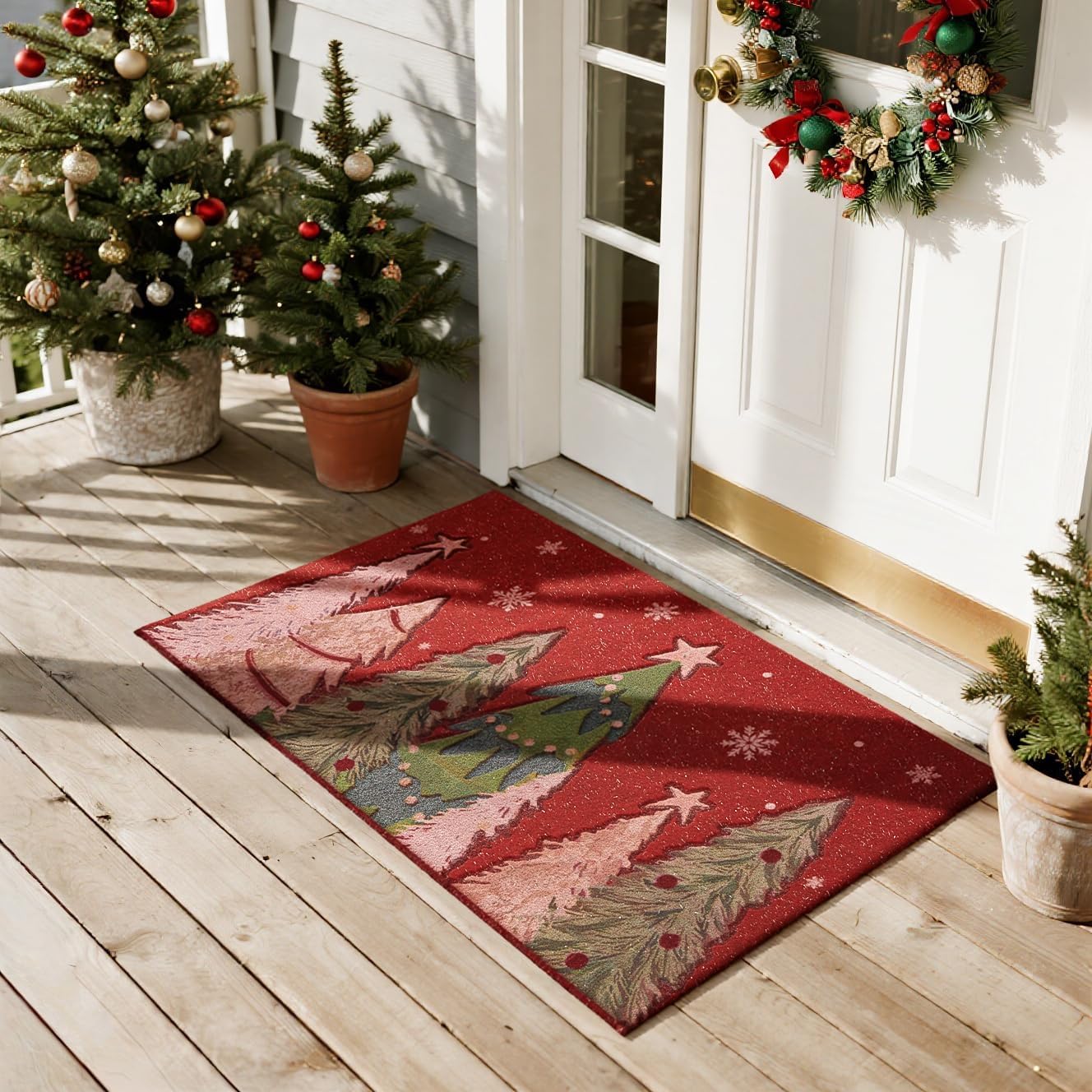 TYUU Christmas Doormat, Outdoor & Indoor Merry Christmas Door Mat, Christmas Tree Winter Holiday Door Mats for Front Door Outside Entrances, 24"x36", Red