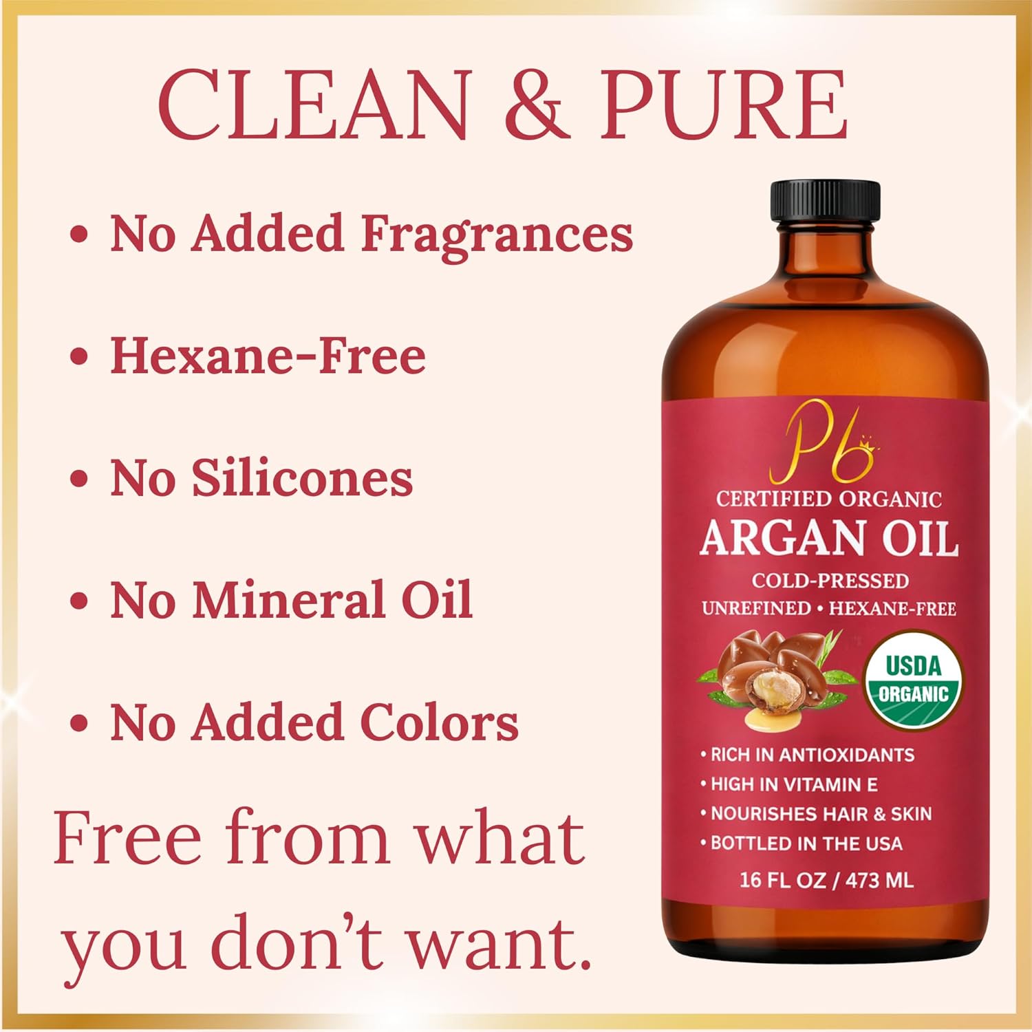 Pomberries Argan Oil – USDA Organic, 100% Pure, Cold-Pressed & Unrefined Moroccan Argan Oil for Hair, Face & Skin, Organic Argan Oil Hair Treatment for Dry, Damaged Hair- 16 FL OZ Glass Bottle