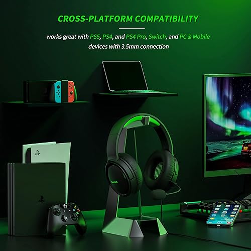 Miniatura 5 de BINNUNE Gaming Headset with Mic for PS4 PS5 Xbox Series X|S Xbox 1 PC NS, Wired Gaming Headphones with Microphone for PS 4|5 Xbox1 Negro Verde,Gris