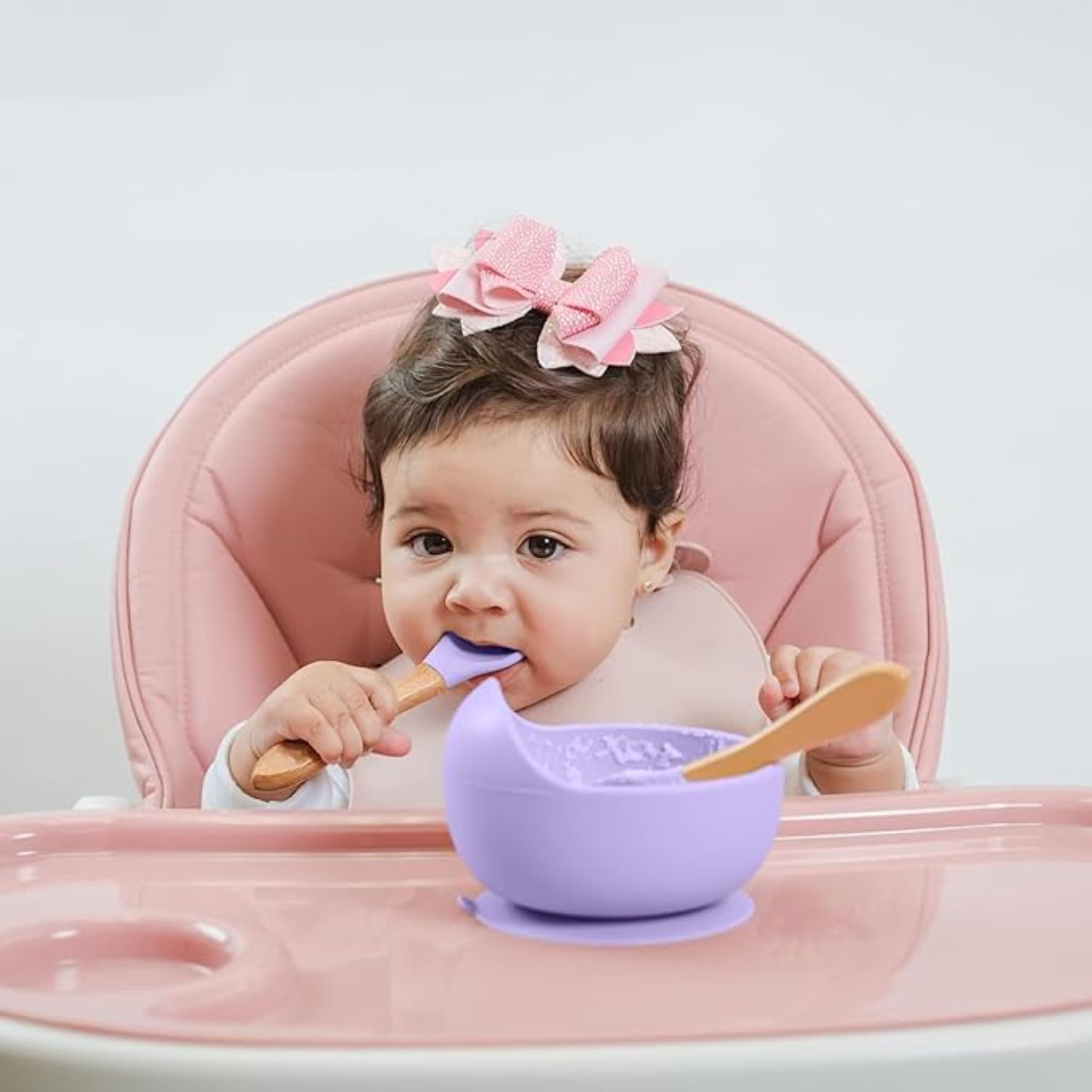 ESLORA Silicon Suction Bowl    Wooden Handle Spoon |BPA-Free,Unbreakable,Non- Slip,Microwave & Dishwasher Safe Feeding Set for Babies& Toddlers (PURPAL) - Image 4 thumbnail