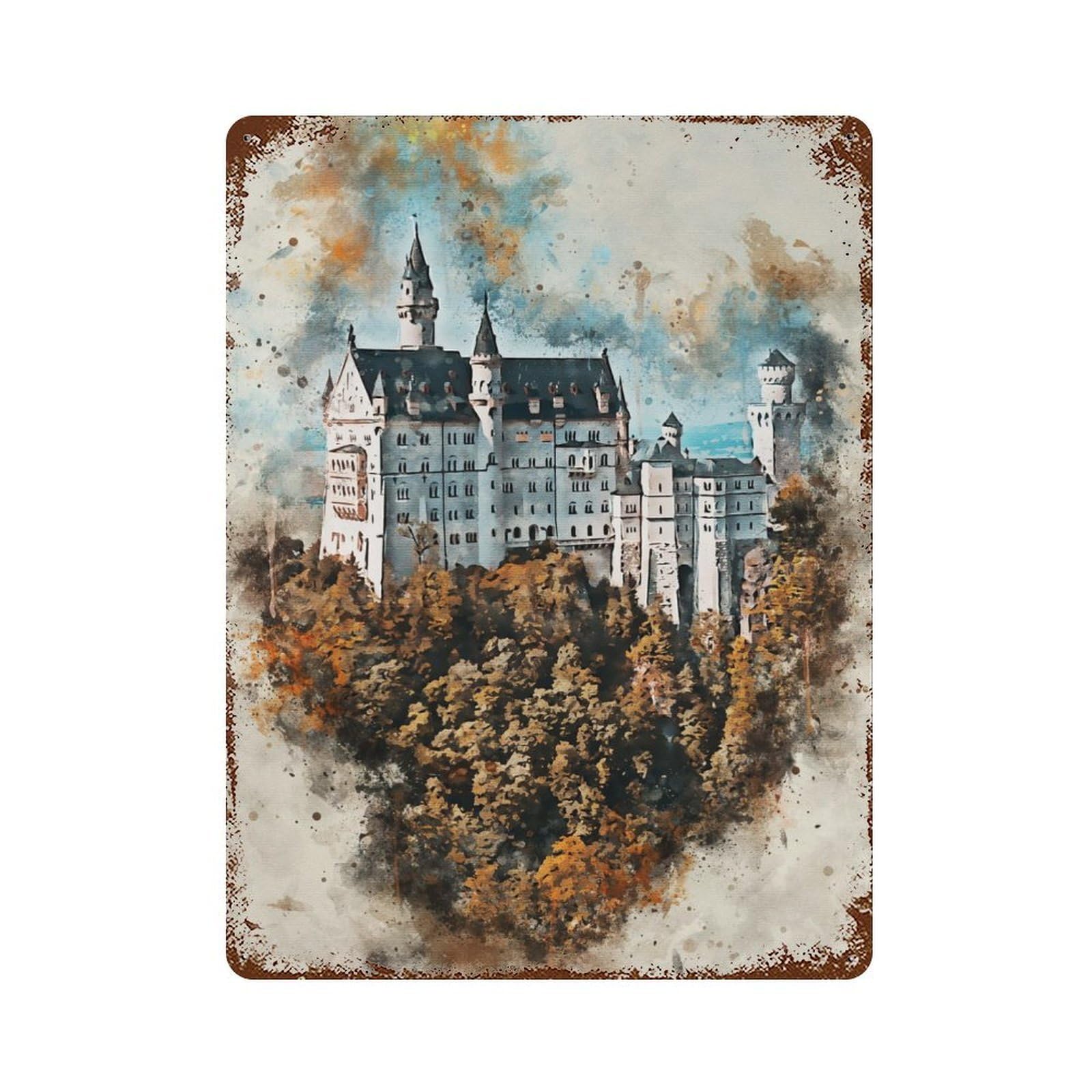 Rustic Tin Plaque Neuschwanstein Watercolor 15.7"x11.8", Retro Wall Decor for Shed, Workshop And Garage Wall Decor