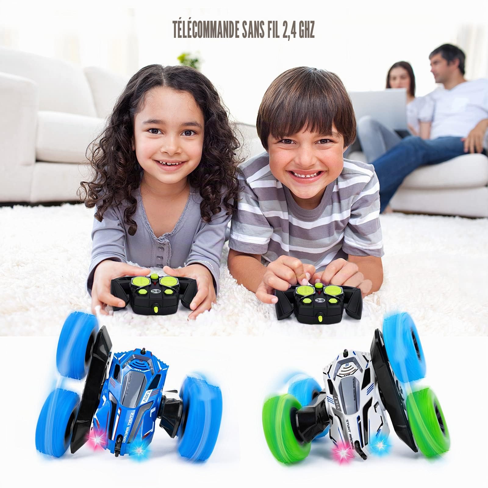 Thedttoy RC Voiture Telecommandé Tout-Terrain pour garçons Filles, 4WD 360°Rotation Stunt Car Offroad RC Véhicule avec LED, 2.4GHz Voiture Radiocommandee Crawlers pour Enfants 3 4 5 6 7+ Ans(Bleu)