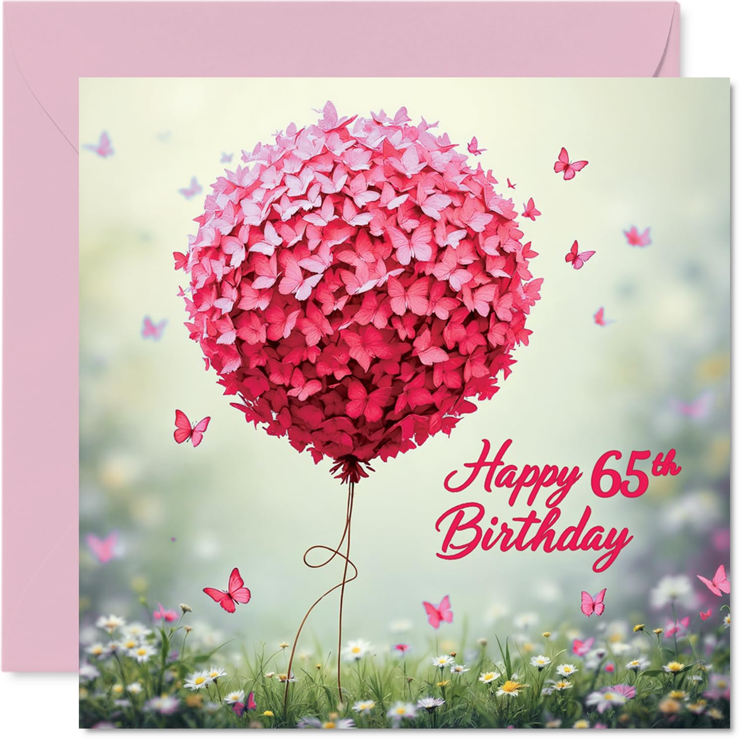 65th Birthday Cards for Women, Pink Butterfly Balloon