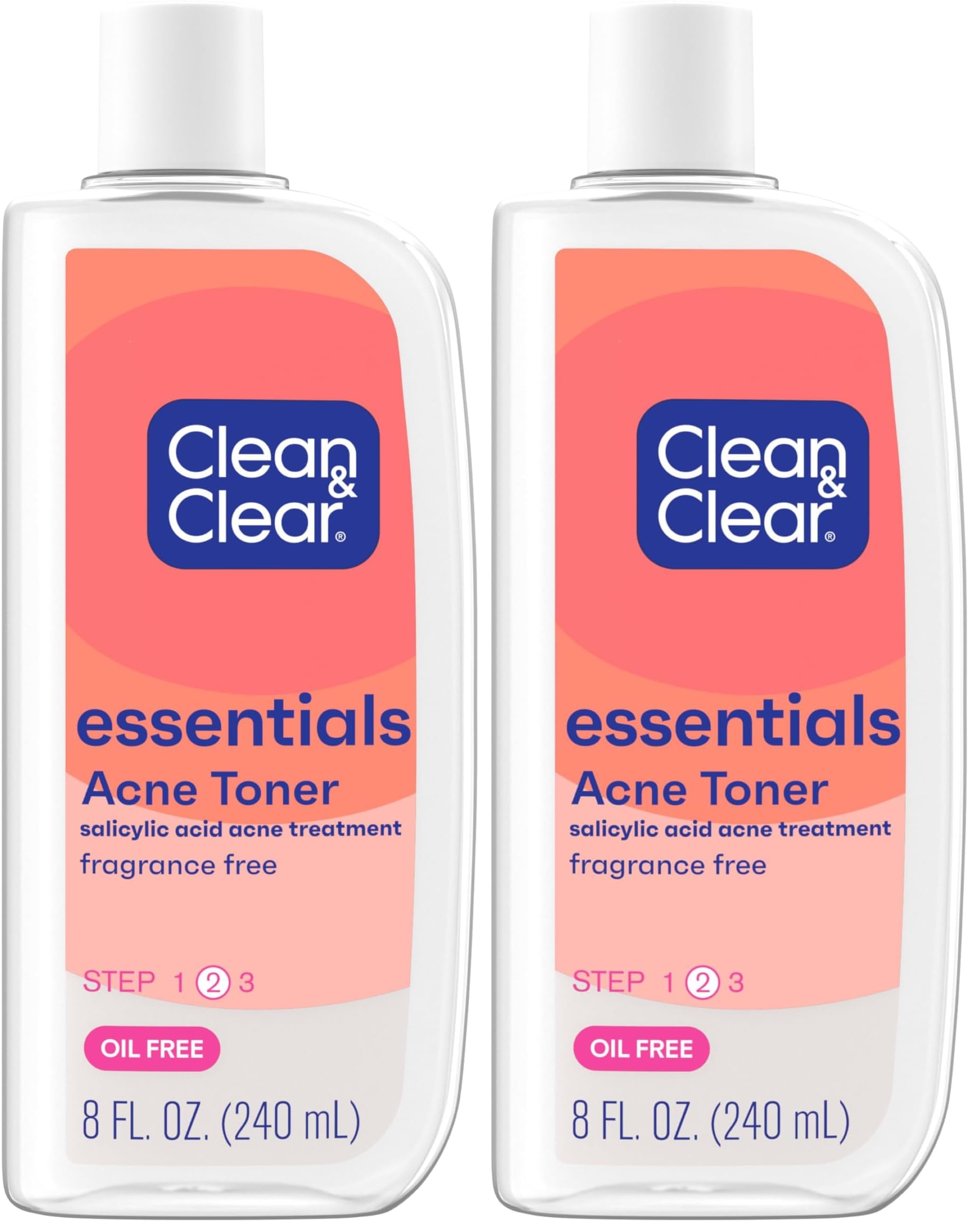 Clean & Clear Essentials Oil-Free Acne Toner, 2% Salicylic Acid Acne Treatment, Gentle Facial Toner for Pimples Cleanses Pores to Clear & Remove Blackheads, Fragrance Free, 8 fl. oz (Pack of 2)