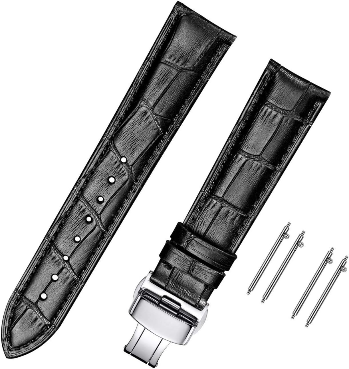 Quick Release Leather Watch Bands Deployment Butterfly Buckle 18mm 20mm 22mm 24mm Blue Black Brown Calfskin Replacement Watch Strap for Men & Women