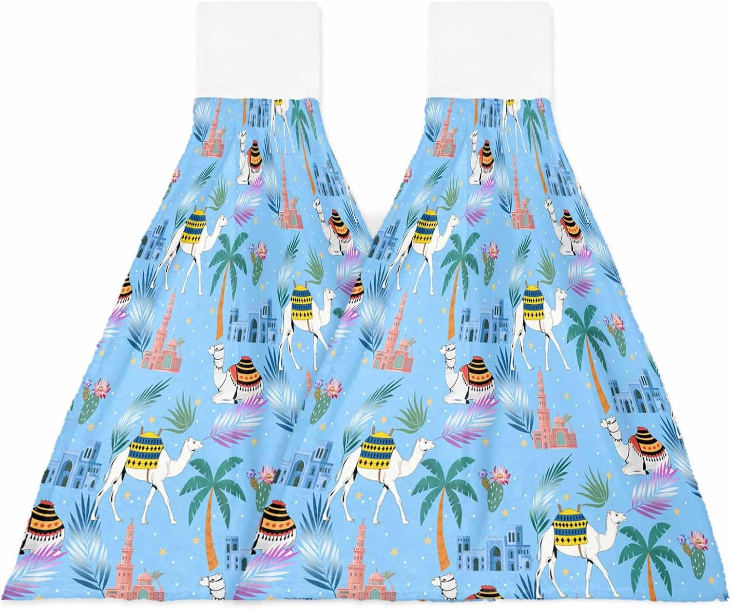 Desert Camels Kitchen Hand Towels with Hanging Loops Set of 2 Cute Animals Houses Palm Trees Leaves Green Soft Thick Oven Fingertip Dry Microfiber Tie Dish Towel Absorbent Cleaning Washcloth