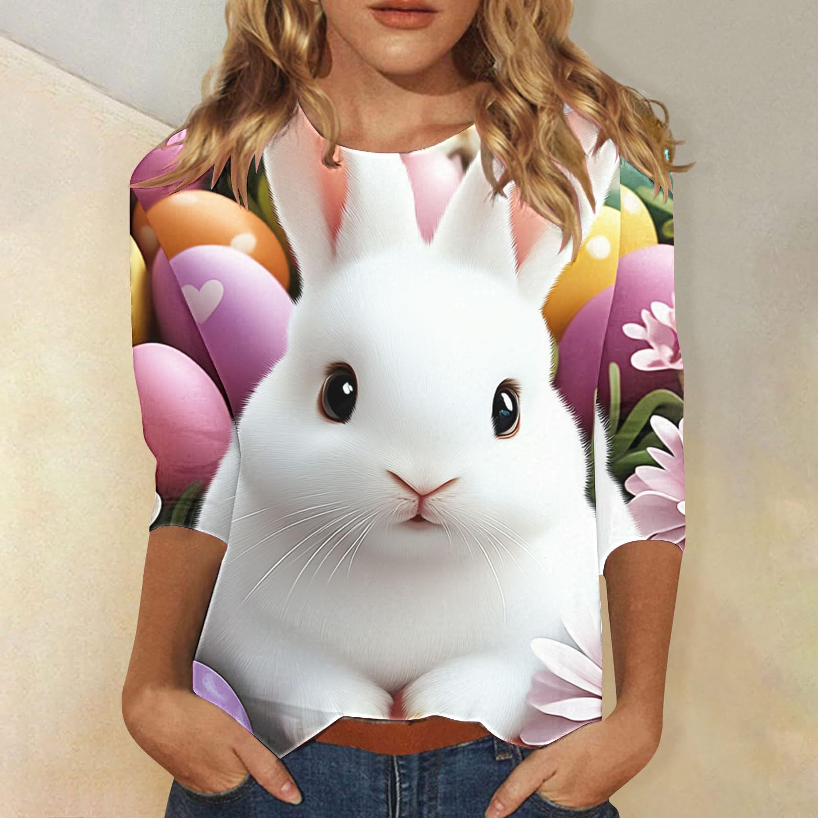 Womens Easter Shirts Funny Cute Floral Rabbit Bunny Easter Eggs Print 3/4 Length Sleeve Tee Tops Spring Break Outfits Good Friday Shirts for Women