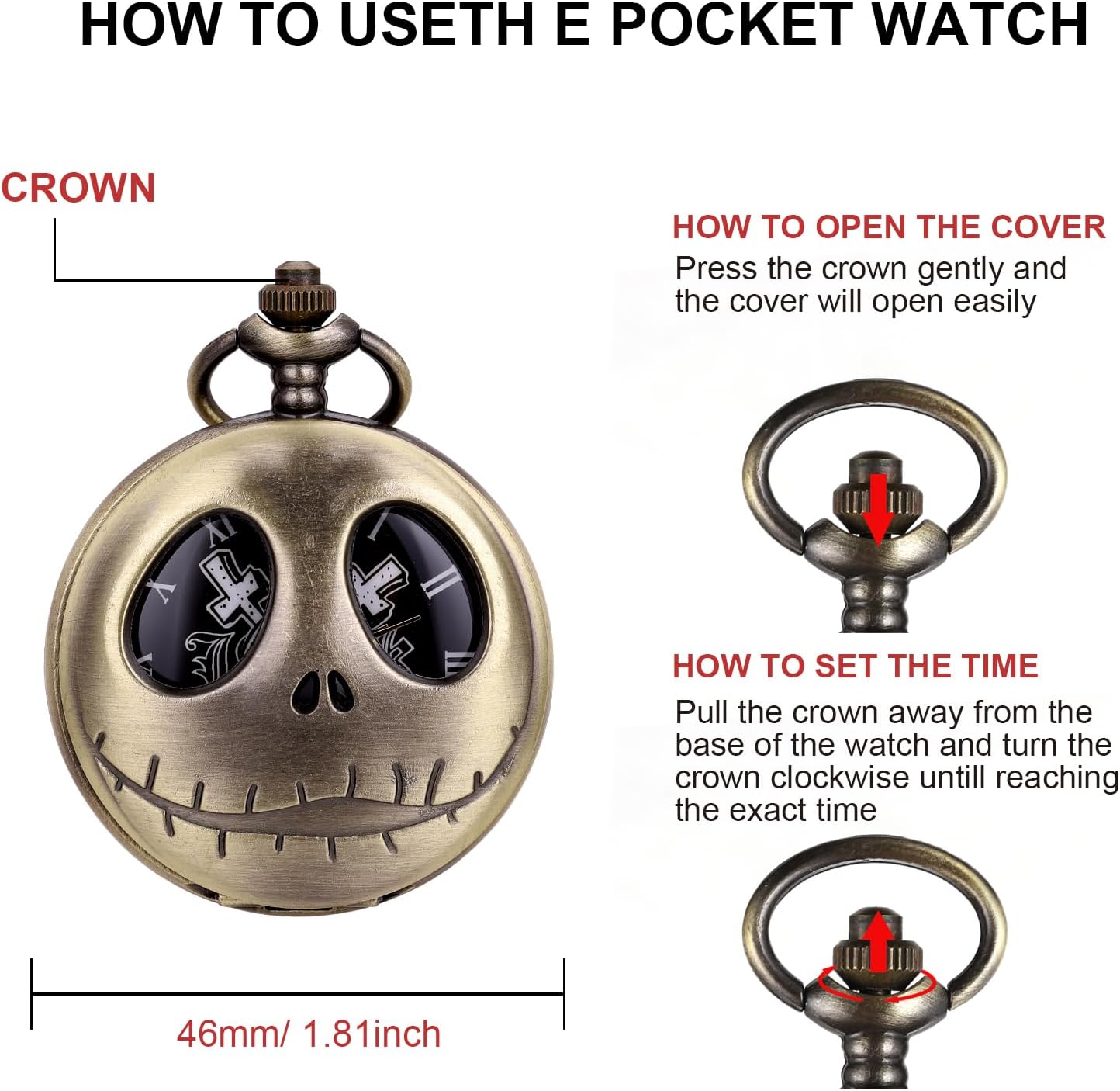 ManChDa Jack Skeleton Pocket Watch Nightmare Christmas Gift for Son Men Bronze Pocket Watch Quartz