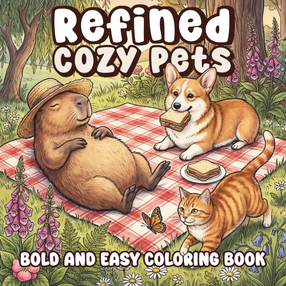 Refined Cozy Pets: Bold and Easy Coloring Book for Adults and Teens | 50 Relaxing Storybook Scenes with Adorable Animals in Hygge Interiors for Stress Relief