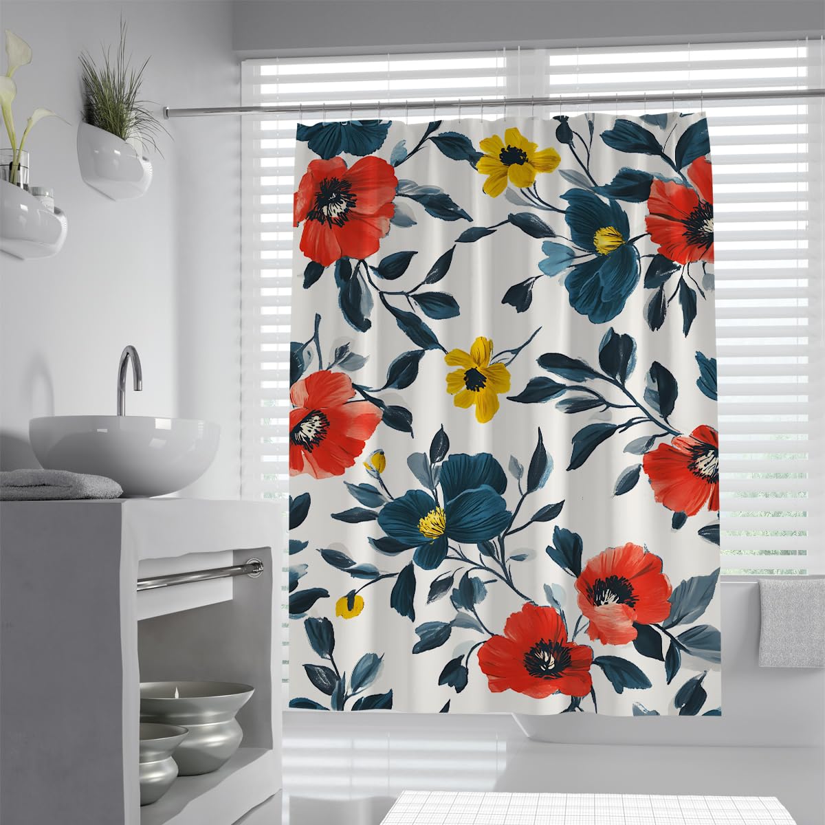 UIRINGART Modern Abstract Poppy Shower Curtain W180xL220cm Red Dark Blue Yellow Flower Mildew Resistant Waterproof Bath Curtains Walk In Shower With Hooks
