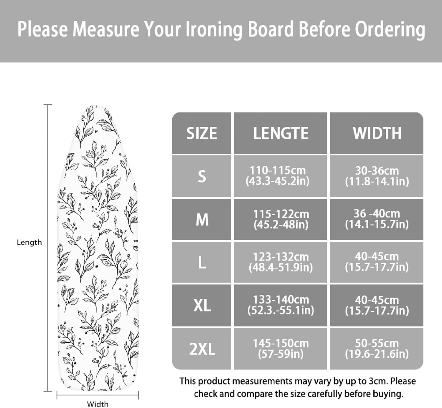 Padded Ironing Board Covers 18 X 49 Leaves Gray White Ironing Board Pad and Cover Thick Replacement Drawstring Tightening & Lock, Easy Fit, Scorch & Stain Resistant, Non Slip