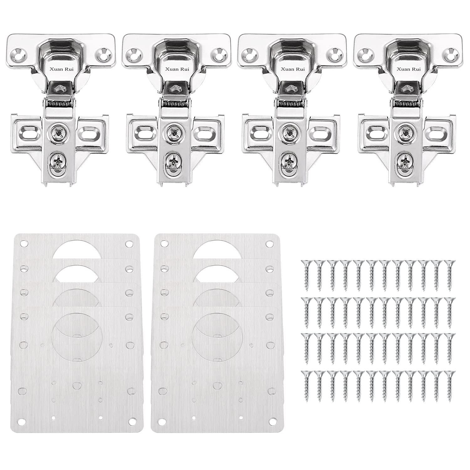 Xuan Rui Hydraulic Damping Cabinet Door Hinges for 1/2" Partial Covered Cabinets, 100 Degree Opening Angel, Stainless Steel Concealed Kitchen Cabinet Hinges with Repair Plate and Screws