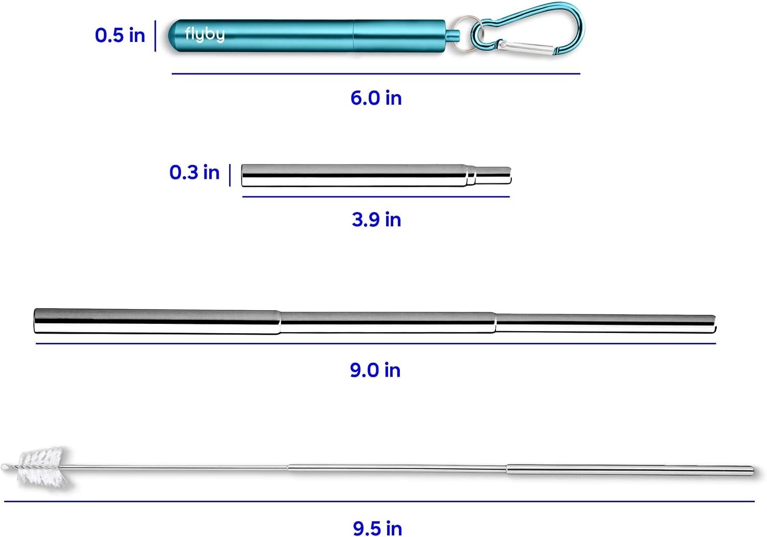Flyby Portable Reusable Drinking Straws | Collapsible & Foldable Telescopic Stainless Steel Metal Straw Dispenser | Final Aluminum Case, Long Cleaning Brush, Silicone Tip | Light Blue | 2-Pack