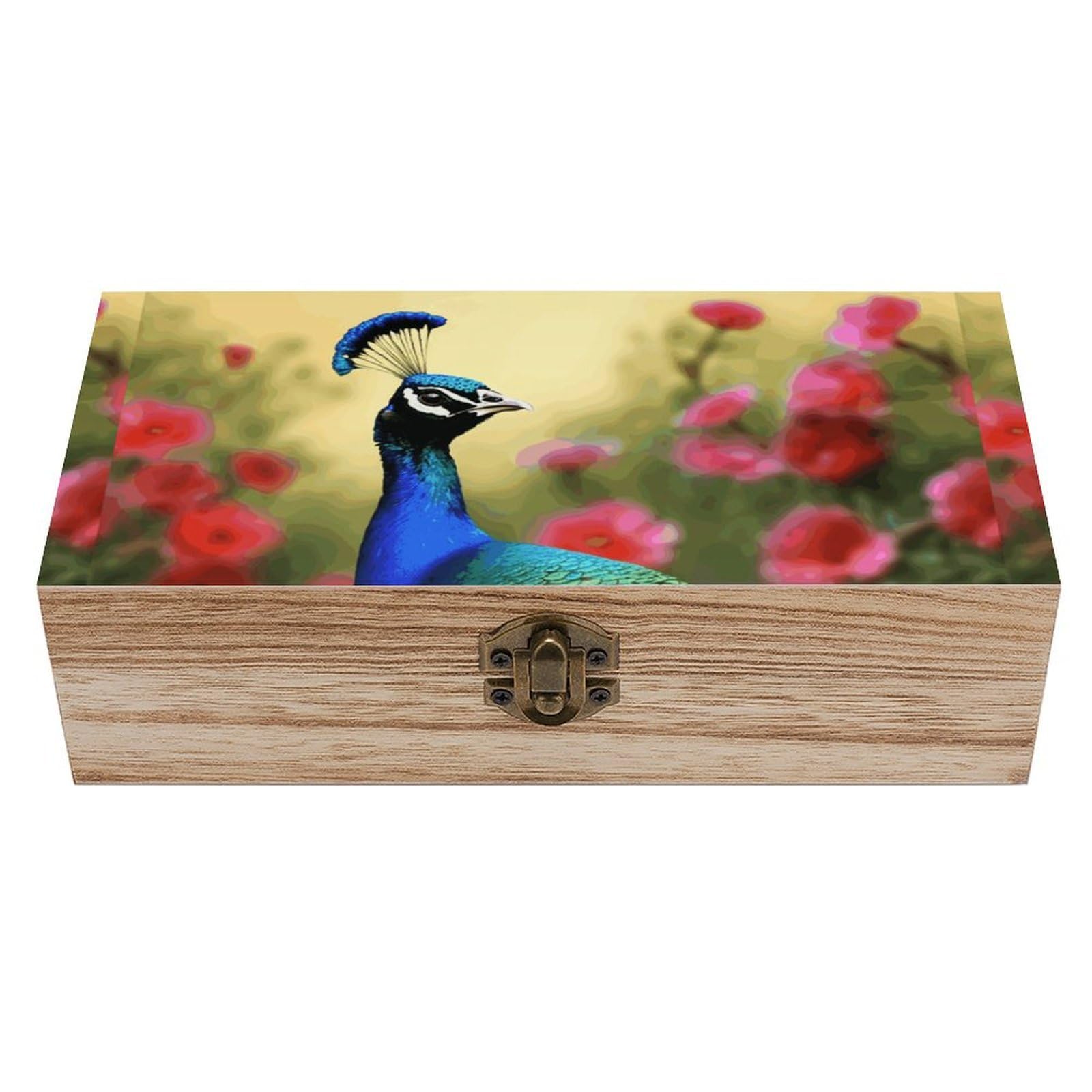 LZQPOEAS Peacock Flowers Wooden Storage Box Small Decorative Box with Hinged Lid Handmade Elegant Keepsake Storage Box for Jewelry, Photos, Trinkets, Letter Gifts, Small Heirlooms