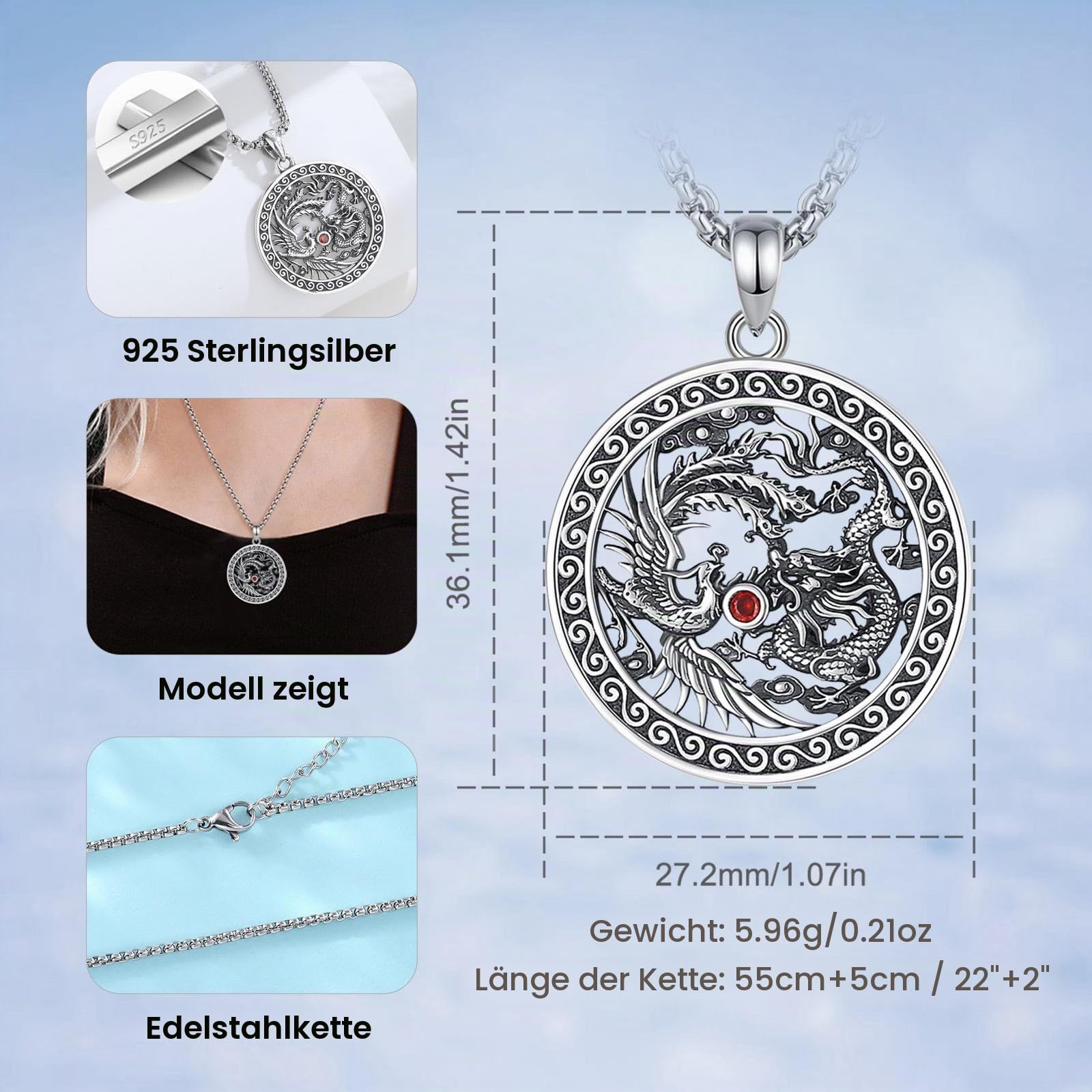 CELESTIA 925 Sterling Silber Drachen Kette Damen Fantasie Schmuck Keltische Ouroboros Geflügelt Drachen Anhänger mit Kette Gotisch Geschenk
