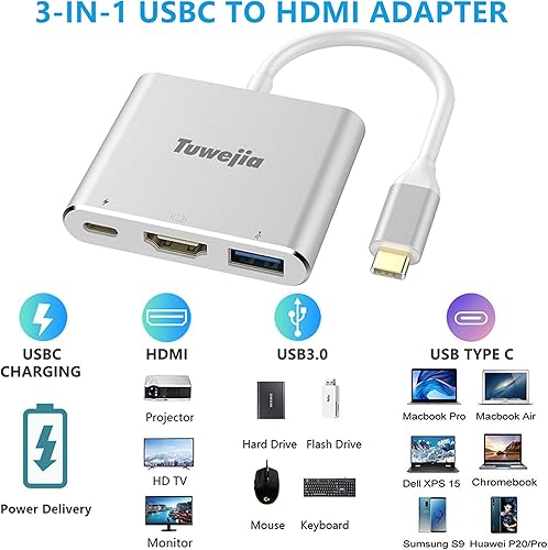 Miniatura 17 de Tuwejia Adaptador multipuerto USB C a HDMI USB 3.1 Gen 1 Thunderbolt 3 a HDMI 4K Video Converter/USB 3.0 Hub Port PD Puerto de carga rápida con gran