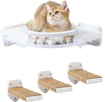 Cat Wall Shelves - 3 Steps Scratch Post & Hammock Bed, Corner Cat Furniture with Plush Covered Climbing Shelf for Indoor Cats White