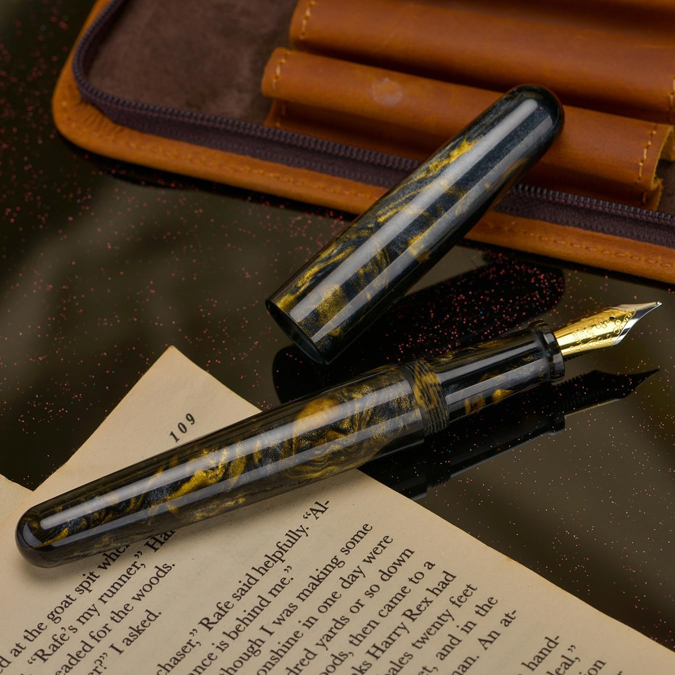 erofa Fuliwen 017 Resin Fountain Pen Medium Nib with Converter, Black Golden Resin Writing Pen Set