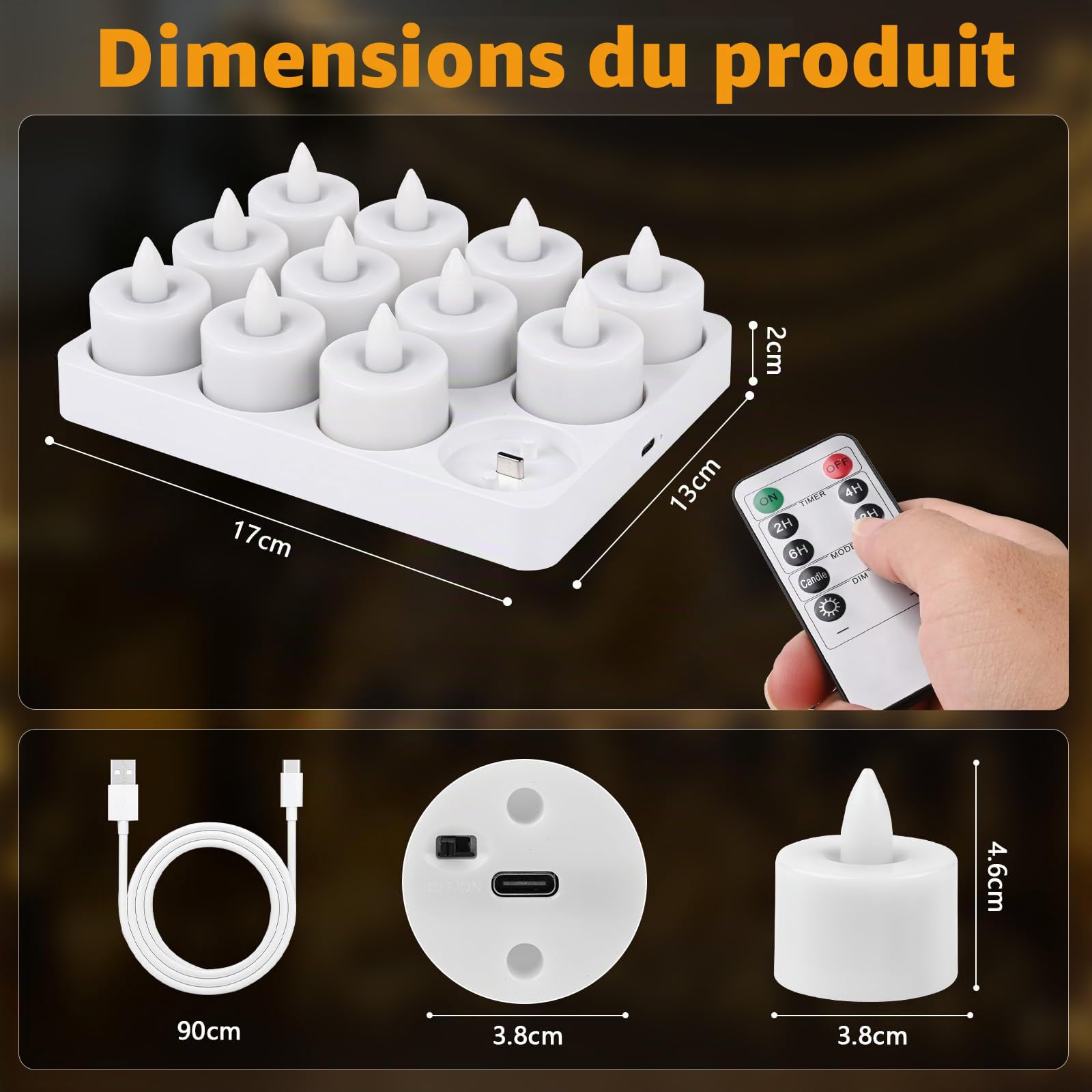Diealles Shine Bougie LED Chauffe Plat Rechargeable, 12 Bougie LED avec Télécommande et Minuterie, Bougie Flamme Vacillante Electrique Decorative pour Deco Maison Chambre Noel Halloween Anniversaire
