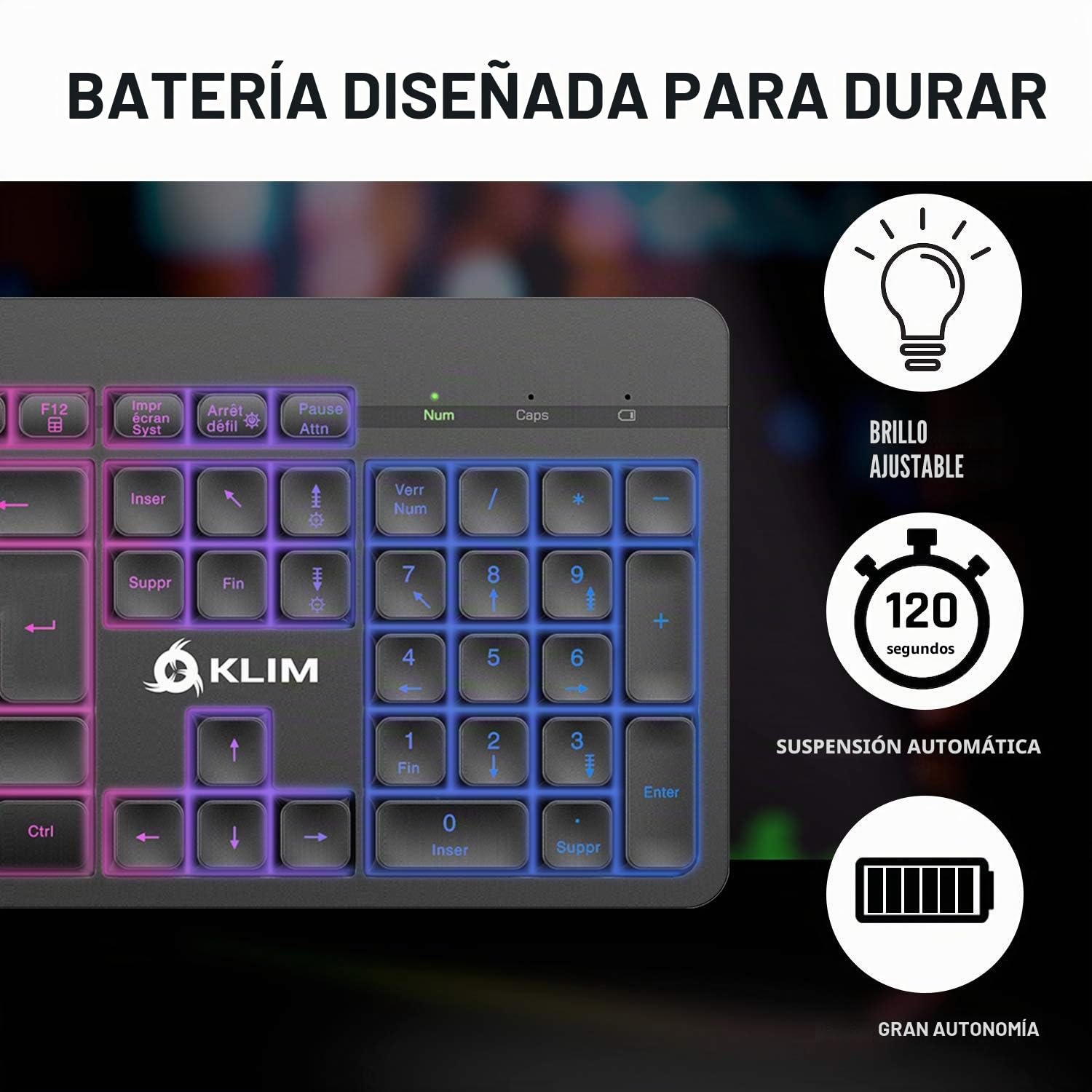 KLIM™ Light V2 Teclado Inalámbrico Gaming FR + Teclado Gaming Ligero, Duradero, Ergonómico, Silencioso + Batería de Larga duración + Teclado Gamer PC Mac PS4 Xbox One+ Nuevo Versión + Negro