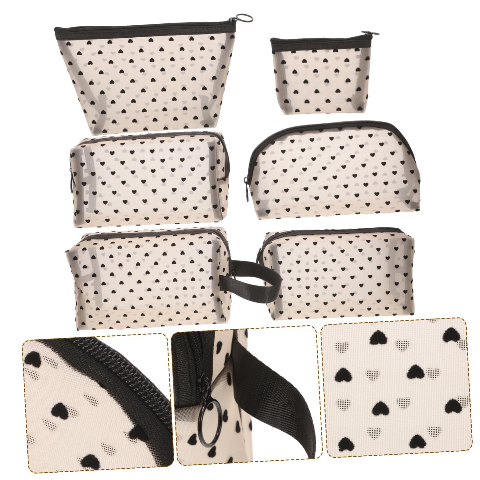 6 Pezzi Pochette Trucchi da Viaggio Cuore in Rete, Nylon e Garza, Portatile, Facile da Pulire, per Donne e Ragazze