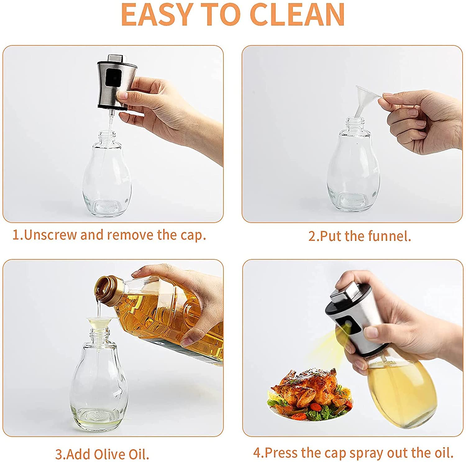 BIRZAR Stainless Steel and bar Glass Spray Oil Dispenser Bottle for Cooking, BBQ, Salad, Kitchen Baking, Roasting, Grilling, Frying, Pump with Mini Funnel, Silver, Transparent, 200 Ml 1