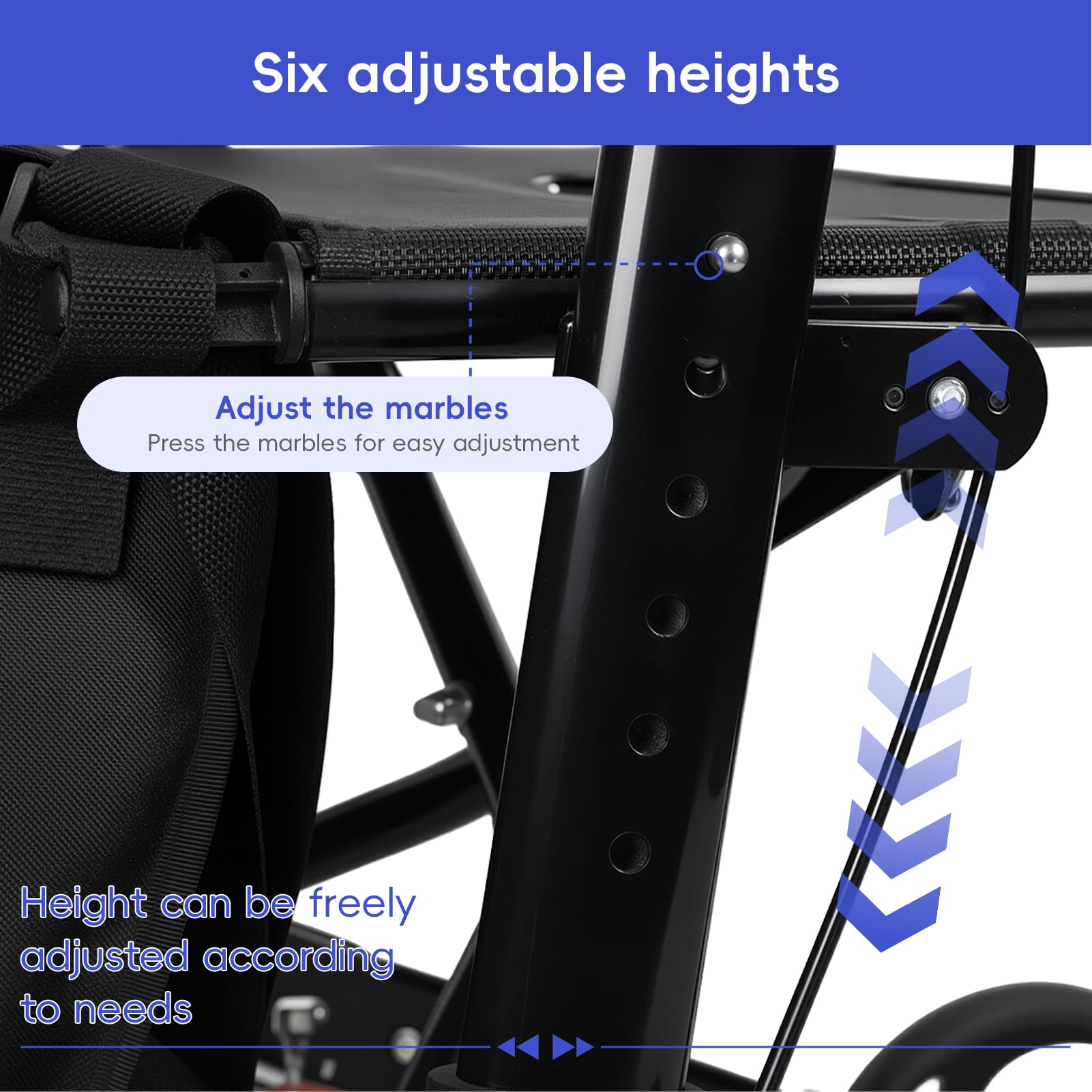 Andador plegable para adultos, ayuda a caminar para ancianos con asiento, respaldo, freno, ruedas grandes de 20 cm, altura ajustable, marco de aluminio resistente, 159 kg (Negro)