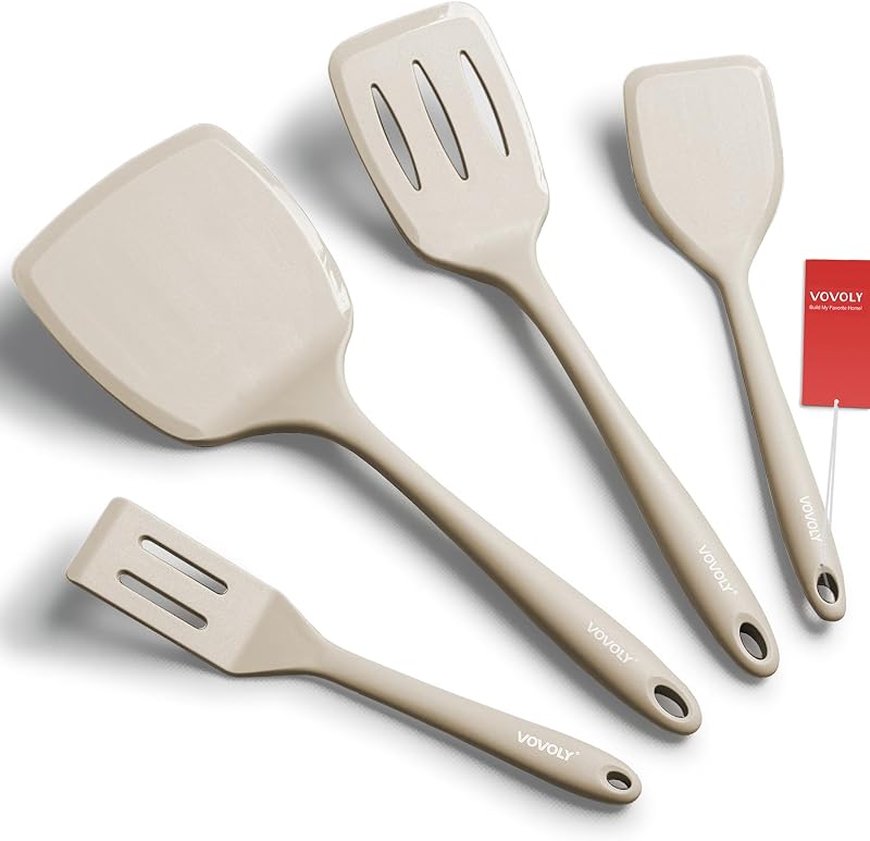 Juego de espátula de silicona, espátula de silicona resistente al calor de 600 °F, aleta giratoria para cocinar, utensilios de cocina antiadherentes y antiarañazos para huevos y panqueques, paquete de 4, caqui