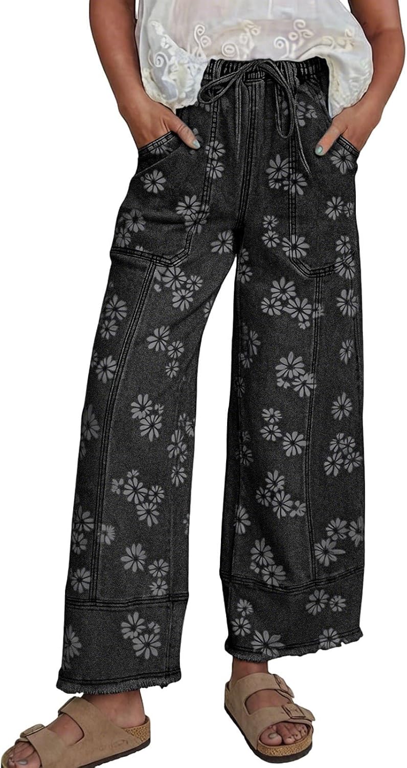 loveimgs Women Floral Print Wide Leg Jeans Elastic High Waisted Denim Ankle Pants Drawstring Patchwork Baggy Jeans Distressed