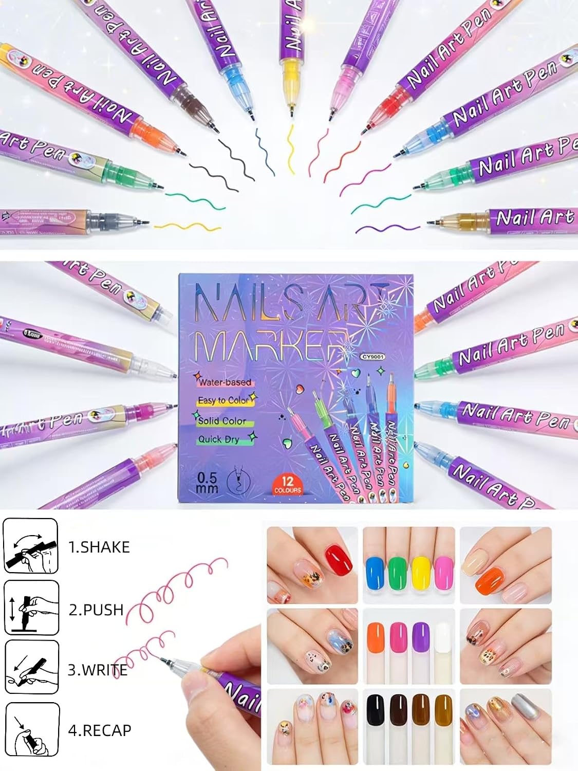 12 Colors Nail Art Pens, 0.5 MM Nail Polish Pens Set Drawing Painting Point Liner Acrylic Painted Pen Kit, Waterproof and Quick-drying Nail for DIY Nails Art Design Manicure Tools