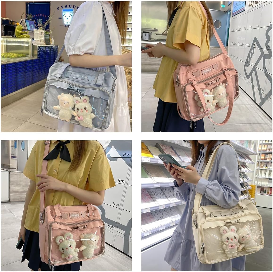 Ita Bag Kawaii Crossbody Bags Japanese Messenger Purse Clear Compartment & 2 Cute Plush Dolls for Women Blue