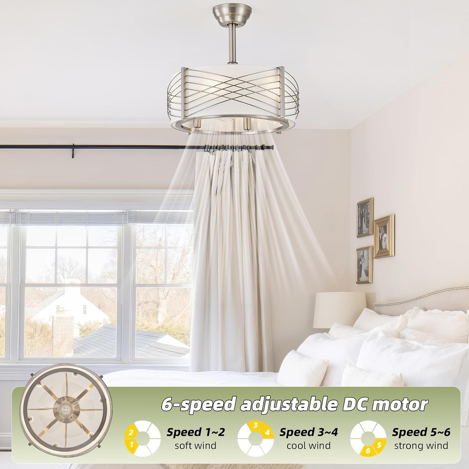 20" fandelier ceiling fans with lights, silver caged boho ceiling fan with light remote control, mid-century modern with 6 speeds for bedroom, nursery, living room