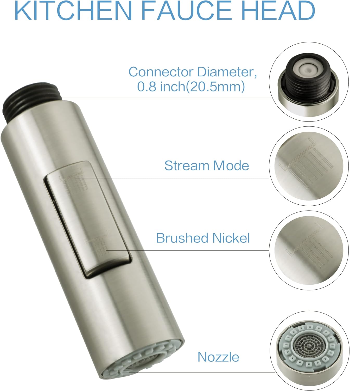 PULL down kitchen faucet sprayer head replacement,| G1/2 male or 13/16inch,| 2-Functions pull out kitchen sink faucet head replacement parts Compatible with RV/Giagni/WOWOW/OWOFAN Brushed Nickel