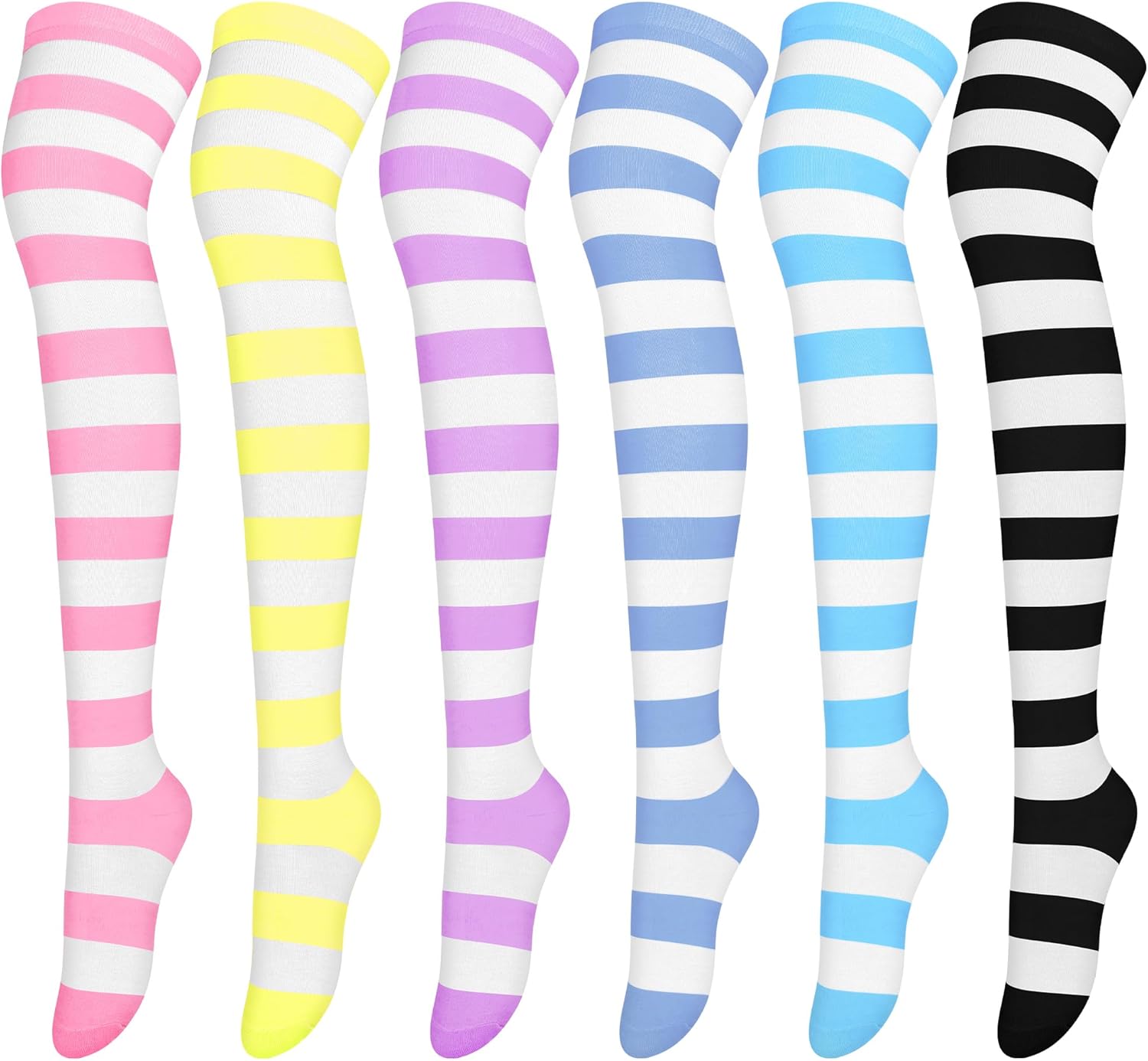 Aneco 6 Pairs Thigh High Socks Over Knee High Stockings Extra Long Leg Warmers for Women Mixed Candy Color Stripes, One Size