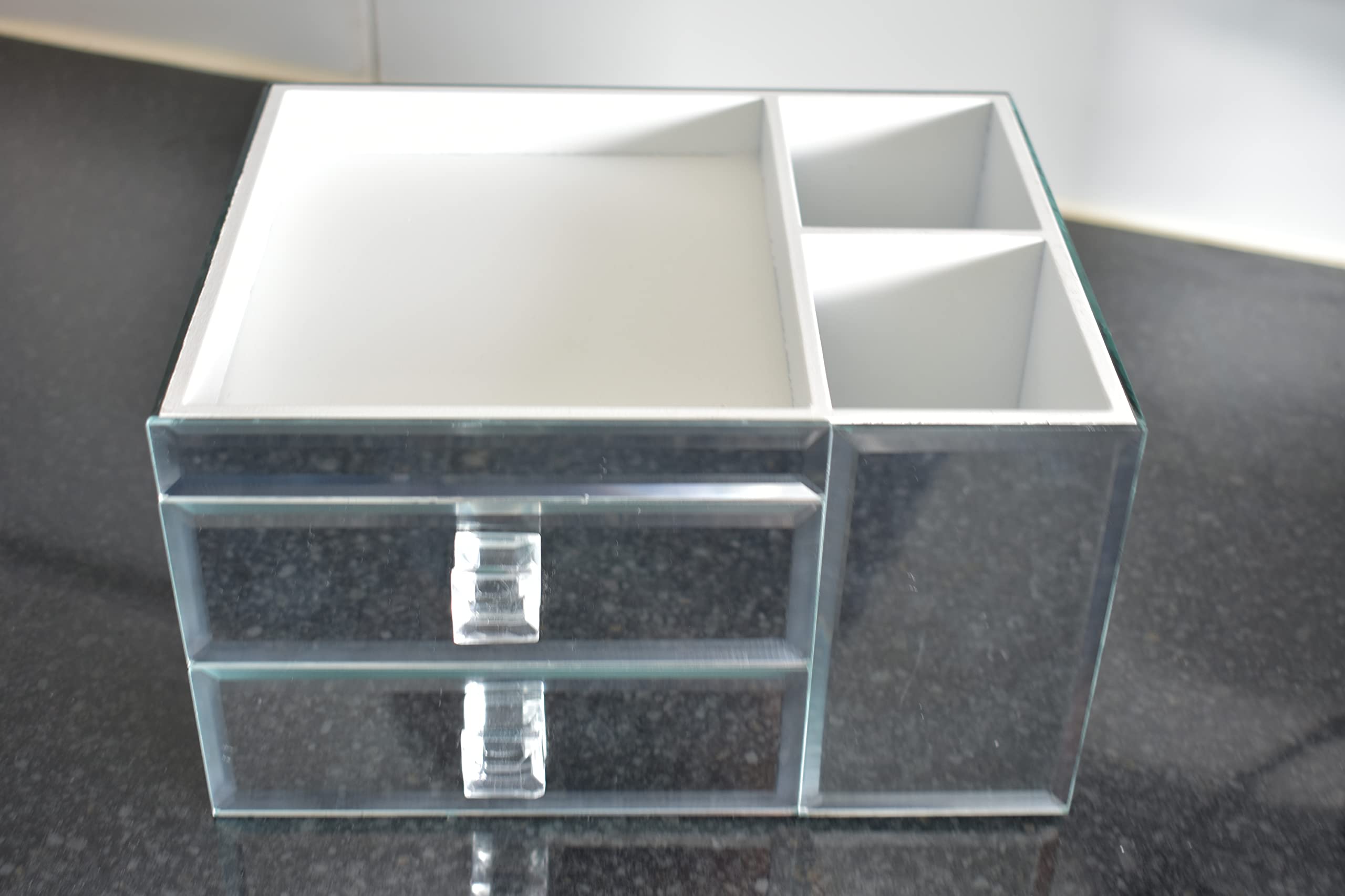 DEENZ SILVER CRUSHED DIAMANTE MIRRORED GLASS JEWELLERY BOX WITH 2 DRAWERS + MAKEUP BRUSH HOLDER