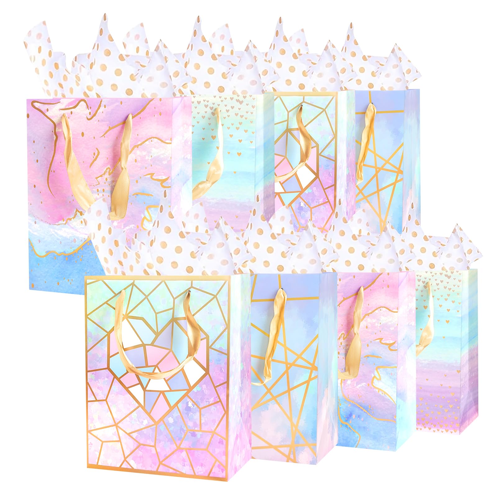 Gift Bags, 8 PCS Gift Bags Medium Size with Tissue Paper 9" X 7" X 4" Party Bags with Ribbon Handle Paper Colorful Marble Pattern Gift Bags for Women Girl Kids Birthday Presents Wedding Baby Shower