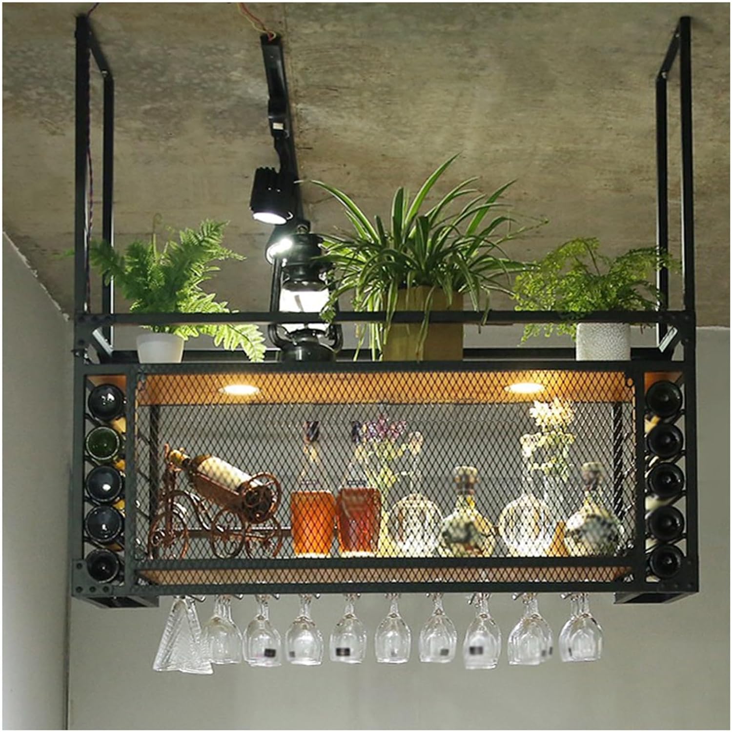 Ceiling Wine Glass Rack,Hanging Wine Glasses Storage Hanger Organizer with Light,black Metal Ceiling Shelf with Guardrails for Home Bar and Restaurant