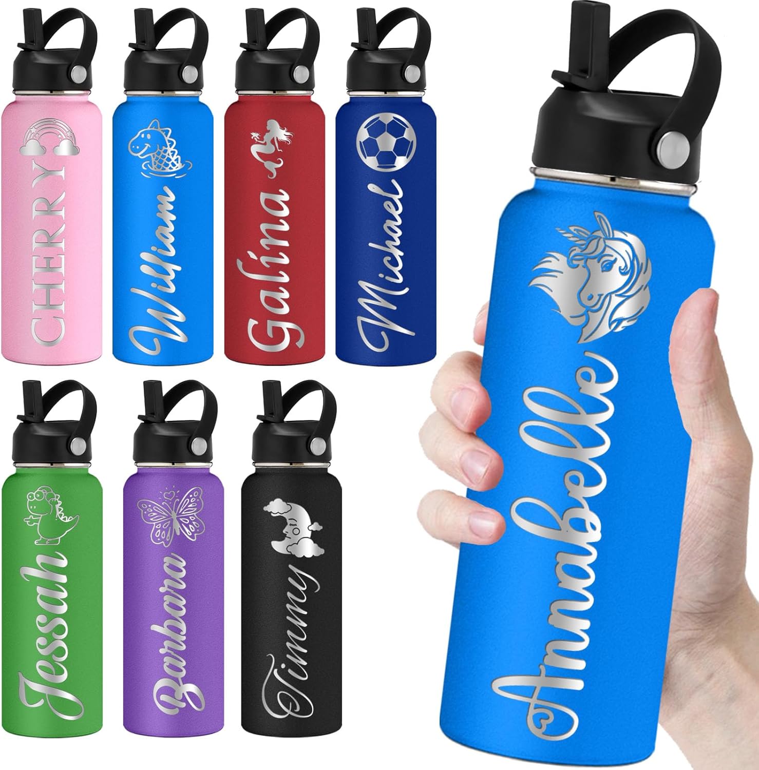 Personalized Water Bottles with Straw 32oz Custom Engraved Water Bottle for School Customized Name Double Wall Insulated-Pink