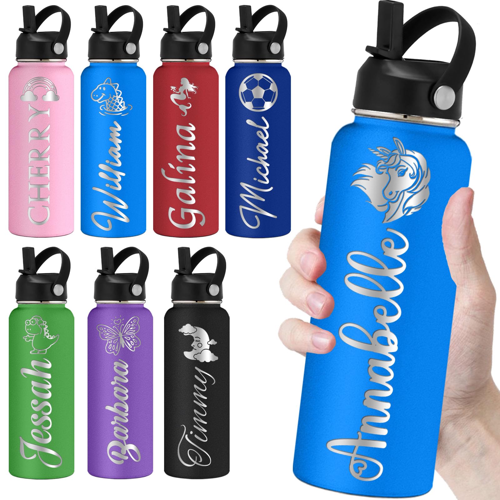 Personalized Water Bottles with Straw 40oz Custom Engraved Water Bottle for School Customized Name Double Wall Insulated-Blue