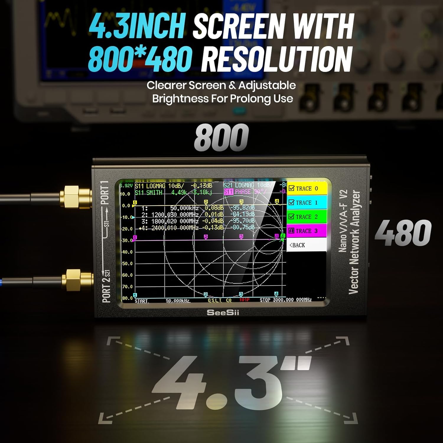 Seesii Analizzatore di Rete Vettoriale NanoVNA-F V2, Analizzatore Antenna Aggiornato 50kHz-3000MHz HF/VHF/UHF/VNA con Schermo da 4,3'' per, Misura S-Parameter Tensione SWR Fase Ritardo Smith Chart