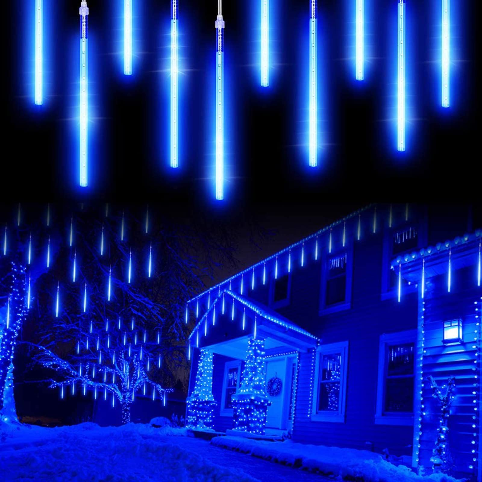 Meteor Shower Lights Falling Rain Lights 30 cm 8 Tubes 240 LEDs Waterproof Christmas Cascading Icicle String Lights Garden Decoration for Wedding Party Christmas Tree(Blue)