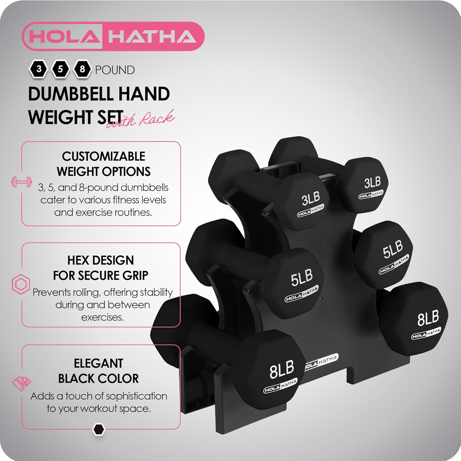 HolaHatha Neoprene Dumbbell Weights Set w/Rack, Home Gym Equipment - Portable Weighted Exercise Dumbbells for Fitness, Training, and Lifting Workouts