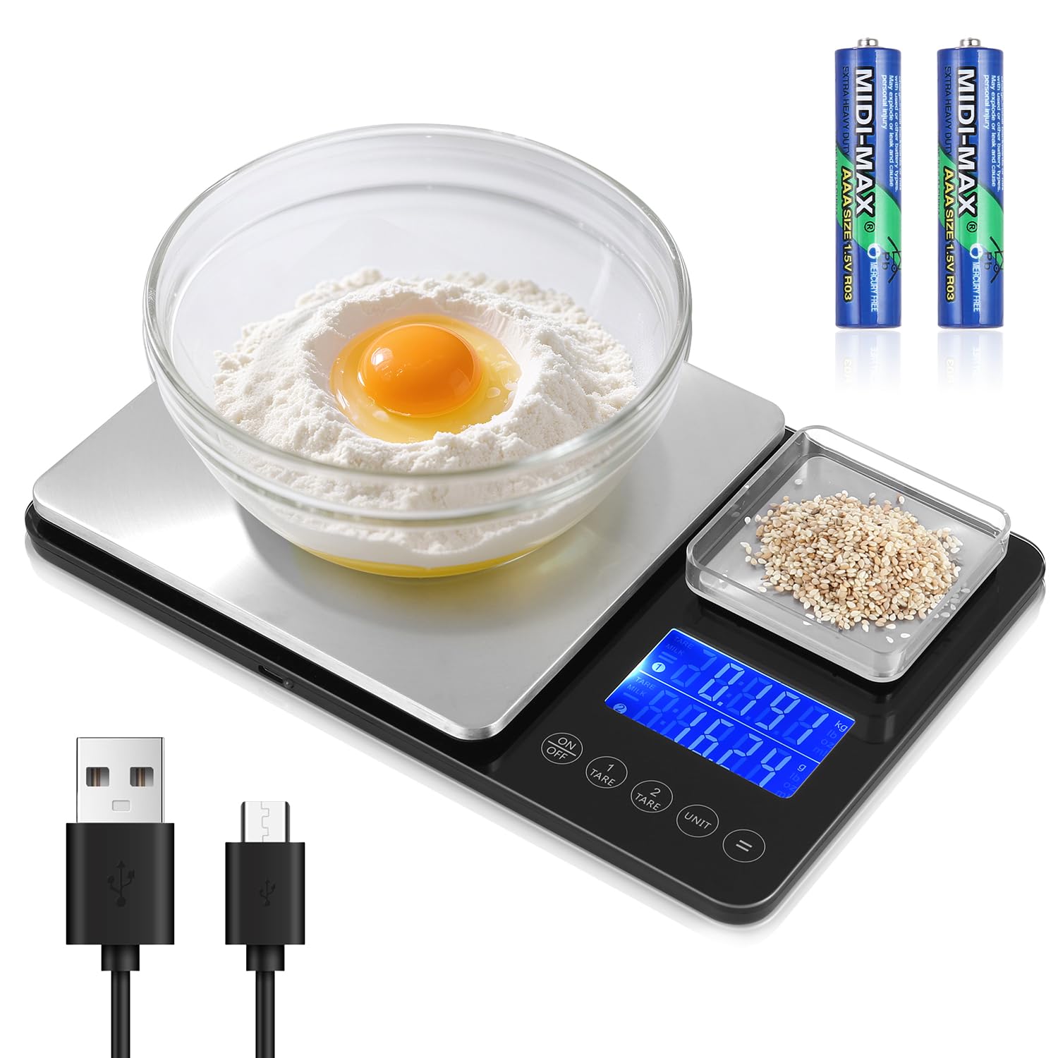 Vuxava Bilancia da Cucina Digitale con Doppia Piattaforma (10kg/1g & 500g/0.01g), USB Ricaricabile & a Batterie, Acciaio Inox, Display LCD, 7 Unità, ideale per Cucina & Pasticceria