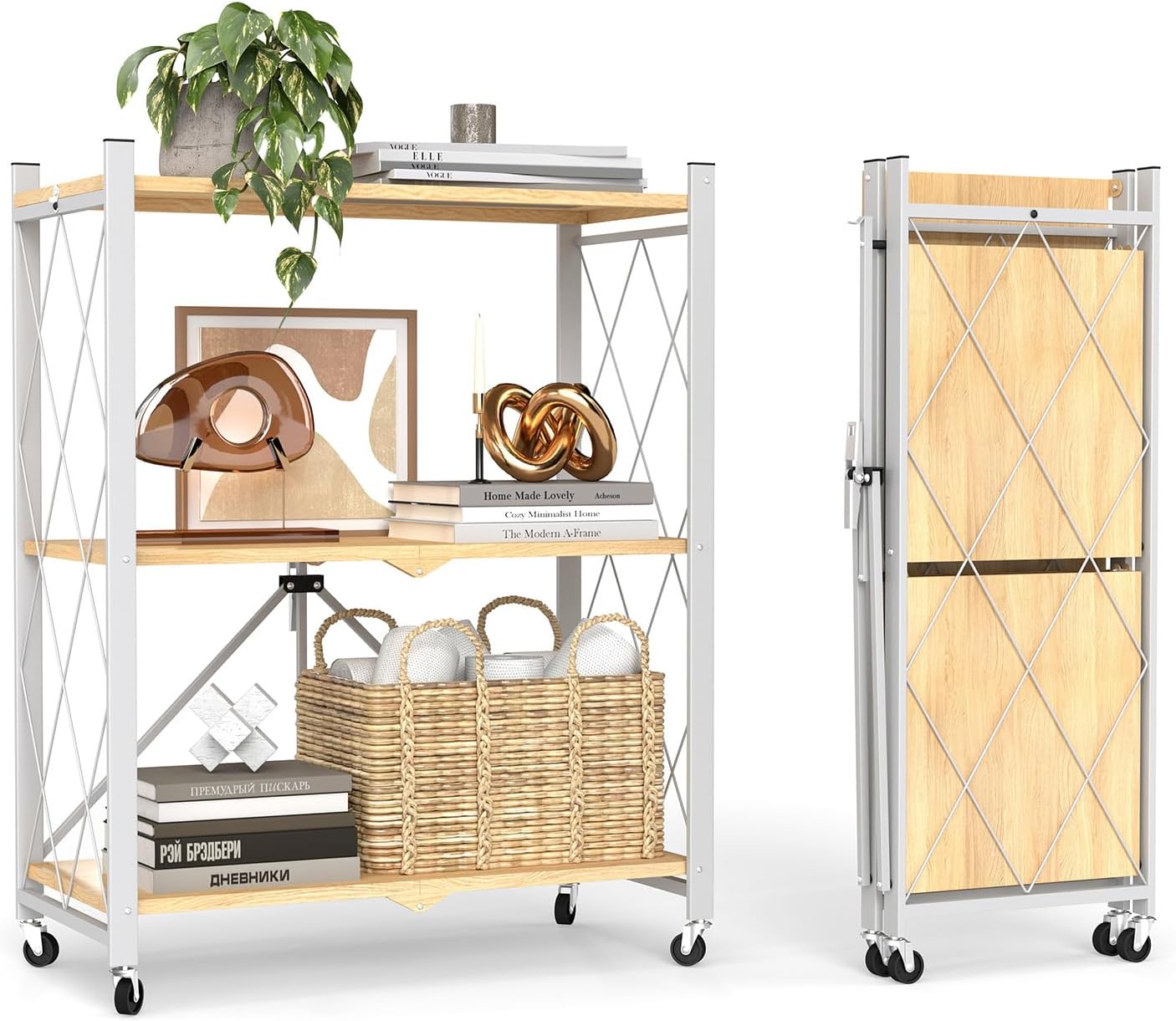 3 Tier Folding Storage Shelves with Wheels, Foldable Bookshelf No Assembly Collapsible Shelf Heavy Duty Rolling Shelving Unit for Kitchen Bedroom Living Room (White, 27.9"x 13.3"x 35.4")