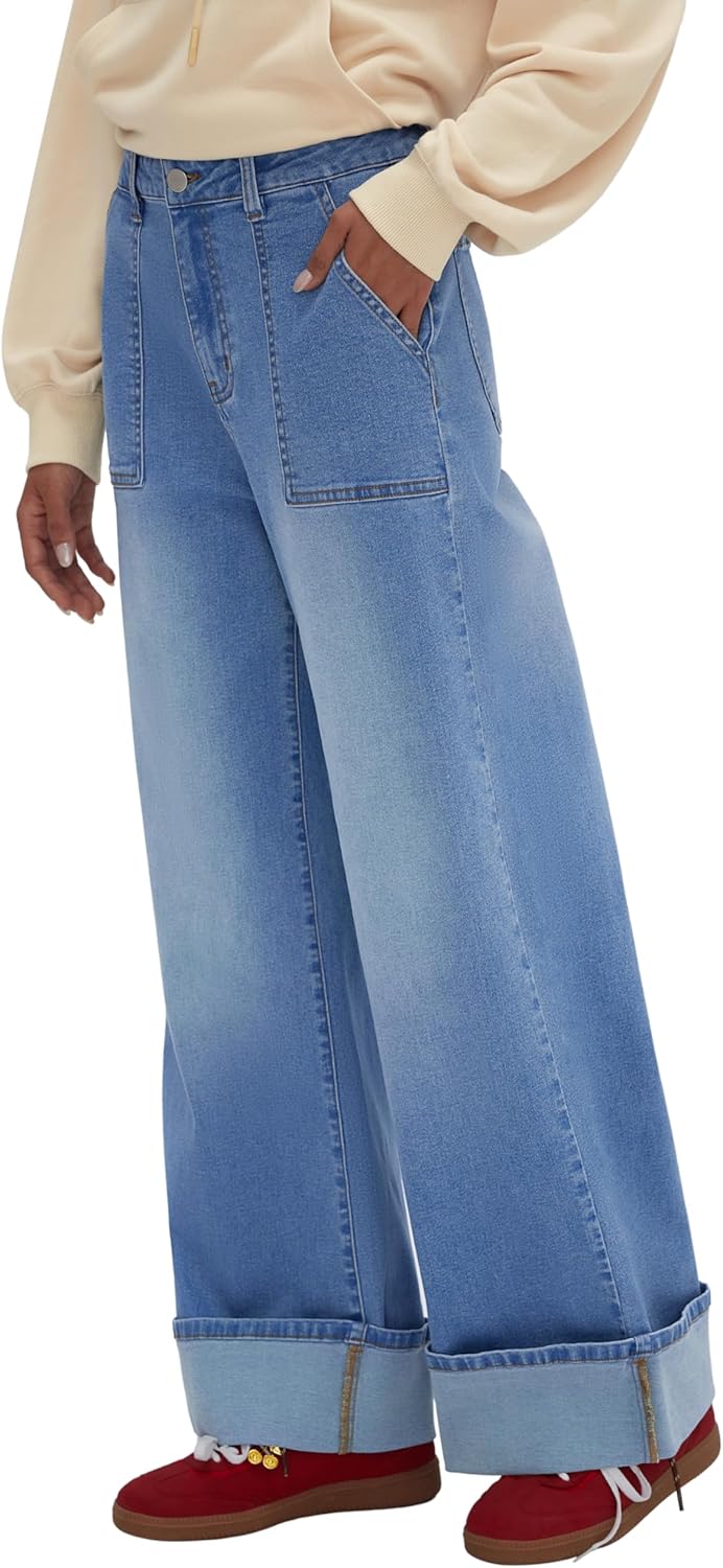 CIDER Cuffed Jeans for Women Wide Leg Jeans with Pockets Baggy Mid Waist Denim Pants Trendy Casual Outfits - Image 3