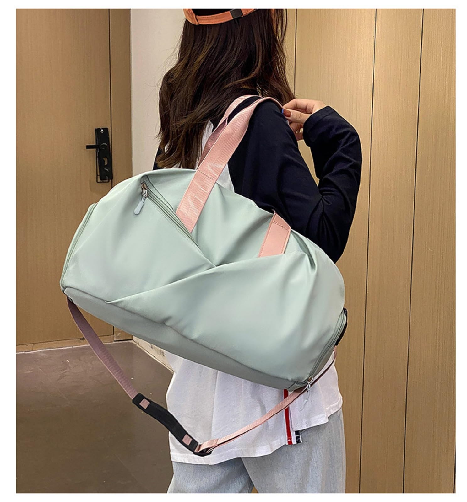 Sac de sport, sac de sport pour femme, compartiment à chaussures séparé, sac de yoga, sac de plage séparé pour séparation humide et sèche, Vert et rose, Large, Loisirs