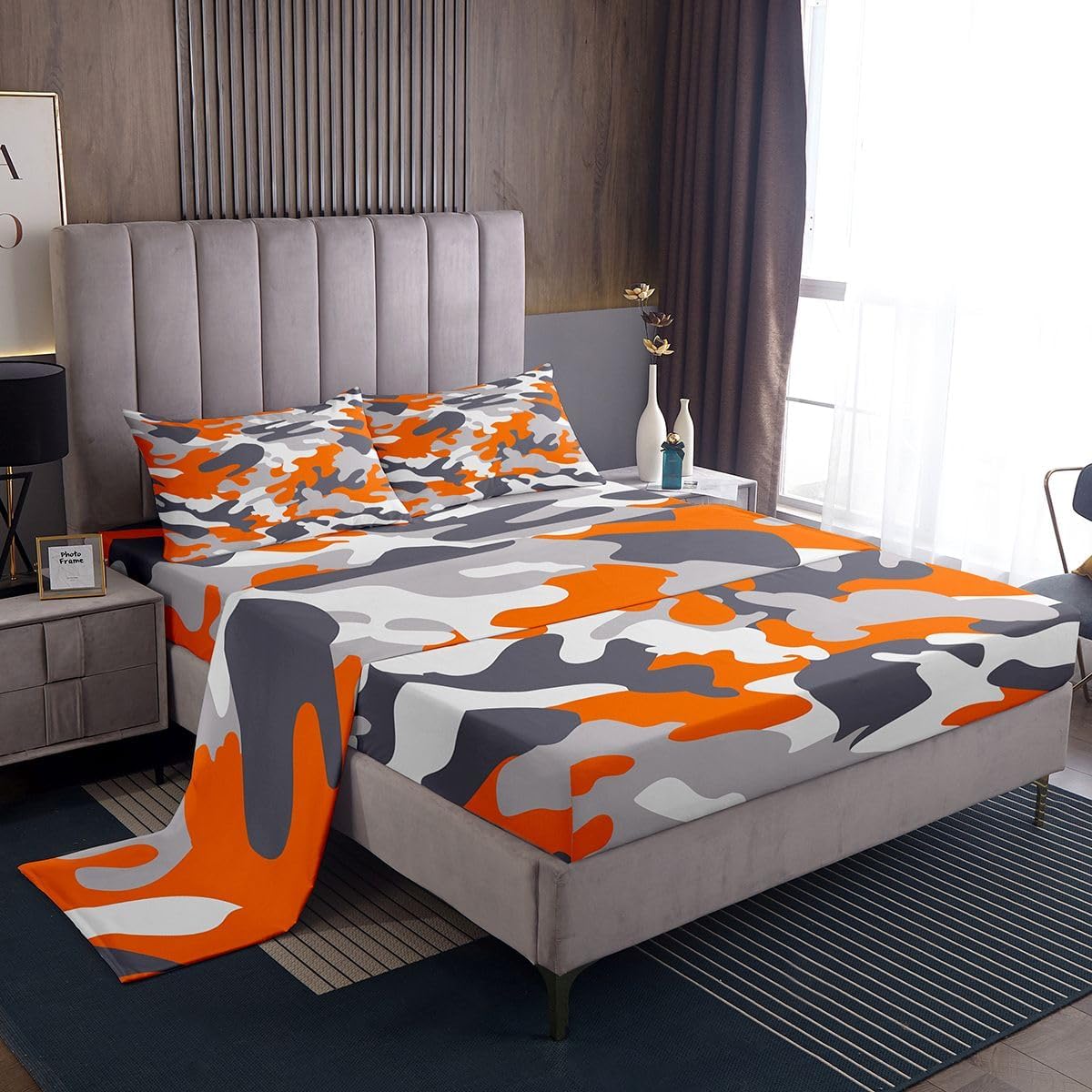 jejeloiu Camo Bed Sheets Set Twin Size Cabin or Rustic Lodge Bed Set for Kids Boys Girls Farmhouse Deep Pocket Fitted Sheet Hunting Breathable Soft Lightweight Microfiber Yellow Gray