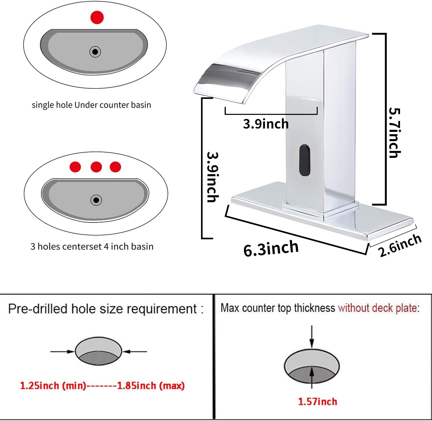 GGStudy Automatic Sensor Touchless Bathroom Sink Faucet with Hole Cover Plate Vanity Faucets Hands Free Waterfall Bathroom Water Tap with Control Box and Temperature Mixer Polished Chrome