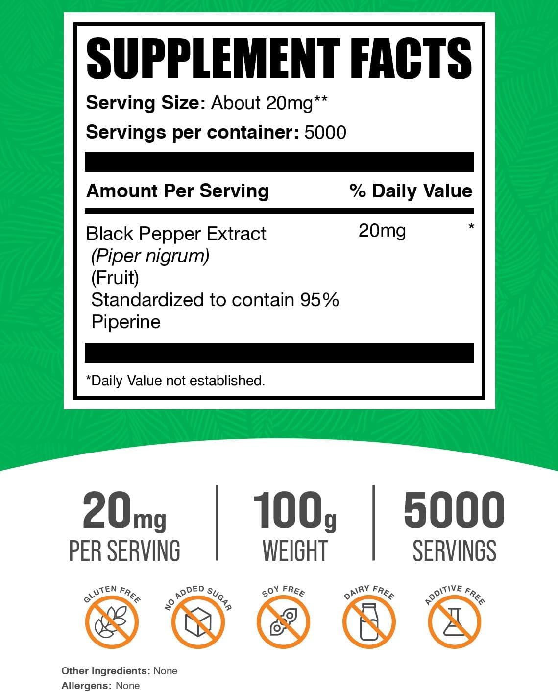 BulkSupplements.com Black Pepper Extract Powder - Black Pepper Supplements, Piperine Supplements - Vegan & Gluten Free, 20mg per Serving, 100g (3.5 oz) (Pack of 1)